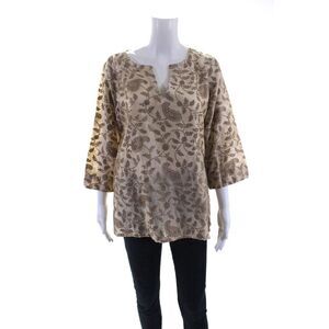 Jennifer T Womens Embroidered Paisley Y Neck 3/4 Sleeve Top Blouse Beige IT 42